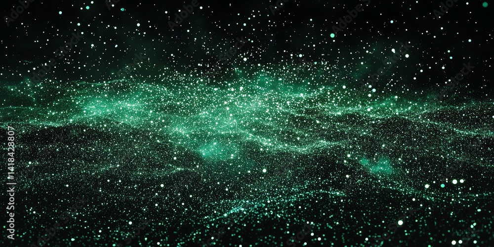 Aufkleber shimmering green particles float in a dark space creating a magical, cosmic scene. perfect for scien