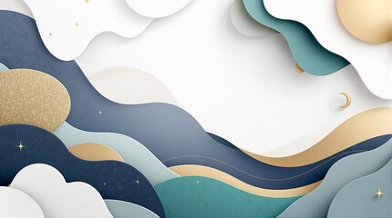 A 3D abstract minimalist background designed for a professional presentation, featuring smooth geometric shapes, soft gradients, and subtle Islamic patterns like crescent moons and arabesque motifs.