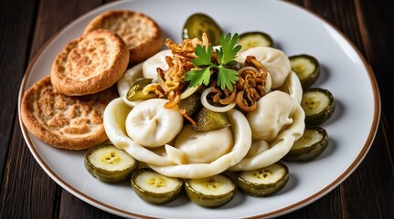 A plate of dumplings garnished with fried onions, pickles, and parsley, accompanied by crispy biscuits on a white dish set against a dark wooden table