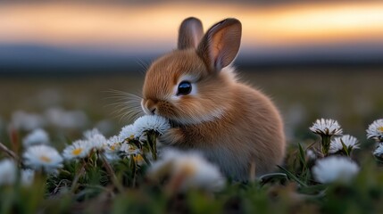 A fluffy brown bunny nibbles on a white flower in a field.
