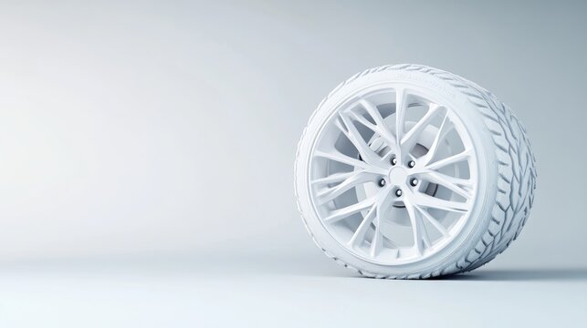 3D model of a white car wheel, tire, and rim, studio shot.