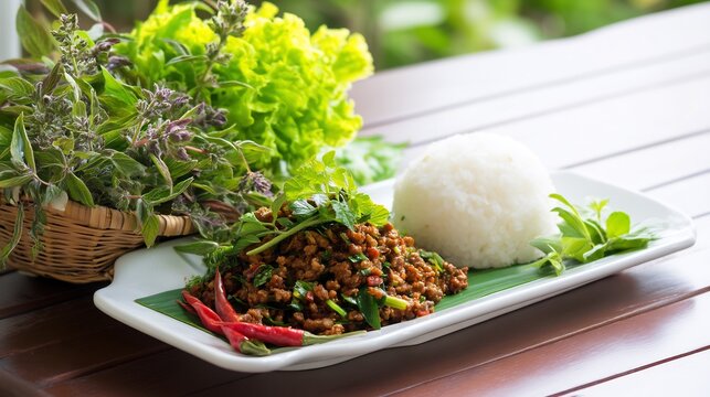 Thailand lunch cuisine of spicy minced duck larb served sticky rice and fresh herbs on white dish clean natural setting with focus on northeastern Thai traditional food
