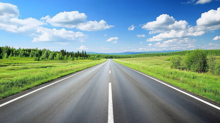 Fototapeta premium Beautiful Blue Sky White Clouds Forward Road Departure Asphalt Road Background