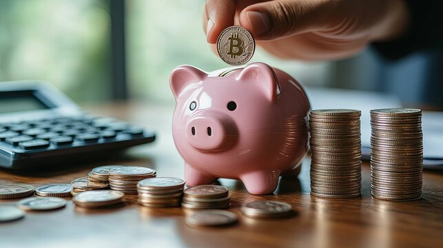 Digital currency being saved in a piggy bank.
