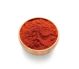 Wooden bowl of aromatic paprika powder on white background
