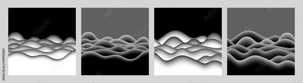 Poster 3D Black Wave Pattern. Abstract Dark Background with Wavy Flow Shapes. Vector Mountain Landscape.