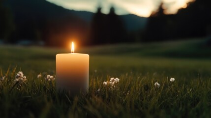 A lit candle stands on a grassy field with wildflowers, mountains visible in the background at dusk.