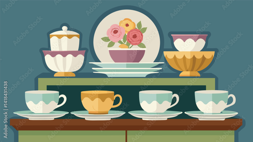 Poster an elegant array of vintage teacups and saucers displayed on a buffet table ready to be filled with 
