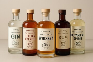 Premium Non Alcoholic Spirits Collection Featuring 0 Percent Alcohol Including Gin Rum Whiskey Botanical Spirit and Italian Aperitif in Elegant Arrangement for Modern Beverage Enthusiasts