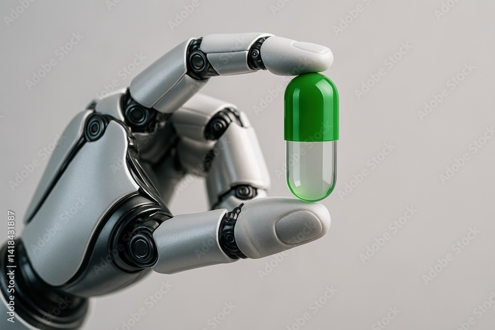 Poster futuristic robot hand holding green capsule symbolizing technological advancements and artificial in