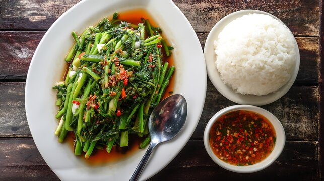 Thailand lunch dish of stir fried morning glory pad pak boong fai daeng chili and garlic captured in top down view with steamed rice and spicy dipping sauce on rustic table