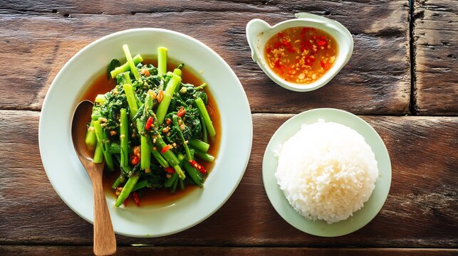 Thailand lunch dish of stir fried morning glory pad pak boong fai daeng chili and garlic captured in top down view with steamed rice and spicy dipping sauce on rustic table