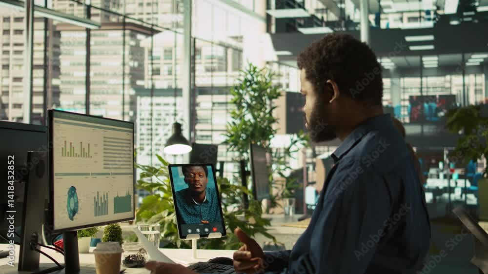 Poster manager chatting with worker in videoconference, setting goals for performance and company growth. m