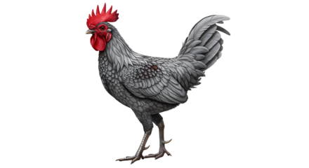 Elegant rooster with detailed feathers, rendered in shades of gray and vibrant red