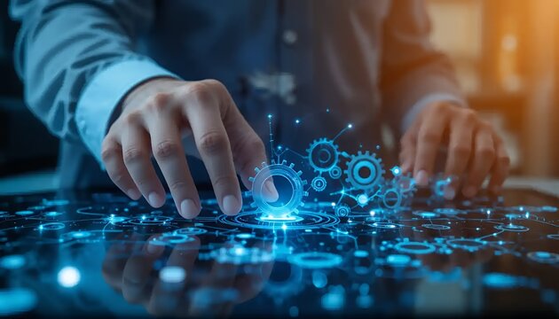 Hand interacting with futuristic gear interface