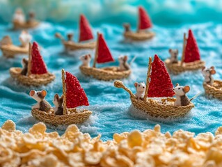 Colorful miniature sailboats with red sails on a vibrant blue ocean creating a playful and artistic display of maritime life