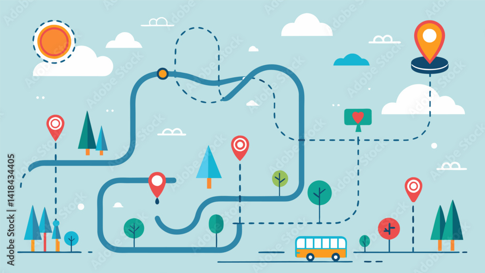 Poster a sketch of a road map with various stops along the way represents the progression and different sta