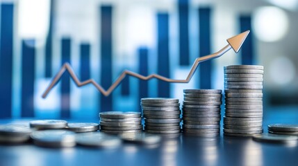 Stacked coins with rising graph. Represents financial growth and market increase