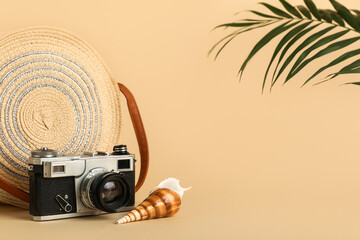 Vintage photo camera, stylish female bag, seashell and palm leaf on color background