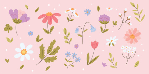 Cute floral set with cartoon flowers and leaves on a soft pastel pink background