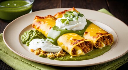 Delicious enchiladas topped with sour cream and green sauce, served with Mexican rice and corn-studded brown rice on a white plate