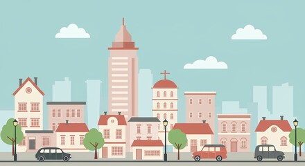 Fototapeta premium Cityscape Illustration with Buildings, Cars and Trees