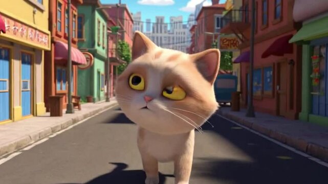 Cat cartoon with White and orange cat strolling through a city street, perfect for pet blogs, urban lifestyle articles, and animalthemed designs.