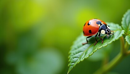 Obraz premium Ladybug perched on a green leaf in a vibrant garden background 
