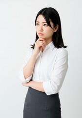 A beautiful Asian office worker woman is thinking about getting an idea for a future business plan.