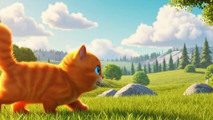 Cat cartoon Orange and white cartoon cat on a green grassy field. Suitable for cat lovers, childrens books, animalthemed designs, greeting cards.