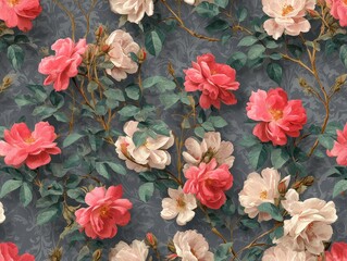A digitally created rose garden in bloom. Pink and white flowers climb across the image, set against a gray background with a floral pattern.