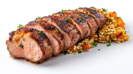 Sliced grilled pork tenderloin with apricot risotto