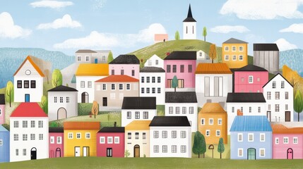 Naklejka premium A colorful hillside village with pastel homes a church steeple and whimsical trees under a cloudy sky