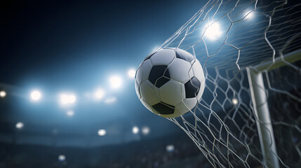 Dramatic Moment of a Soccer Ball Hitting the Back of the Goal Net in a Stadium Under Bright Lights