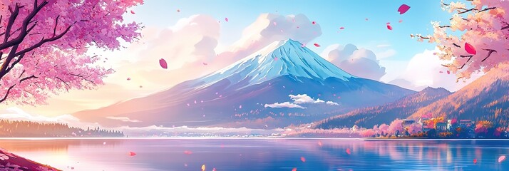 sakura tree and Mountain Fuji with morning and leaves at lake, anime style landscape