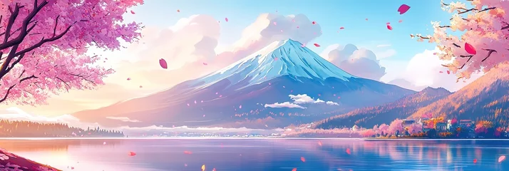 Selbstklebende Fototapeten sakura tree and Mountain Fuji with morning and leaves at lake, anime style landscape © Khoirul Project