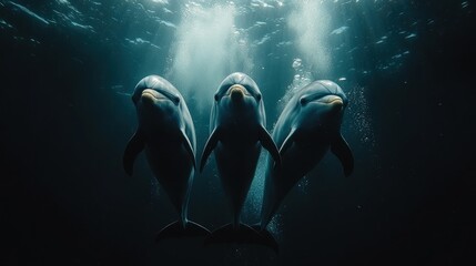 Fototapeta premium Three Dolphins Swimming Underwater, Oceanic Sunlight