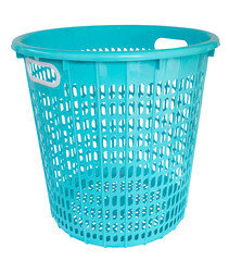 Round plastic laundry basket on a transparent background.