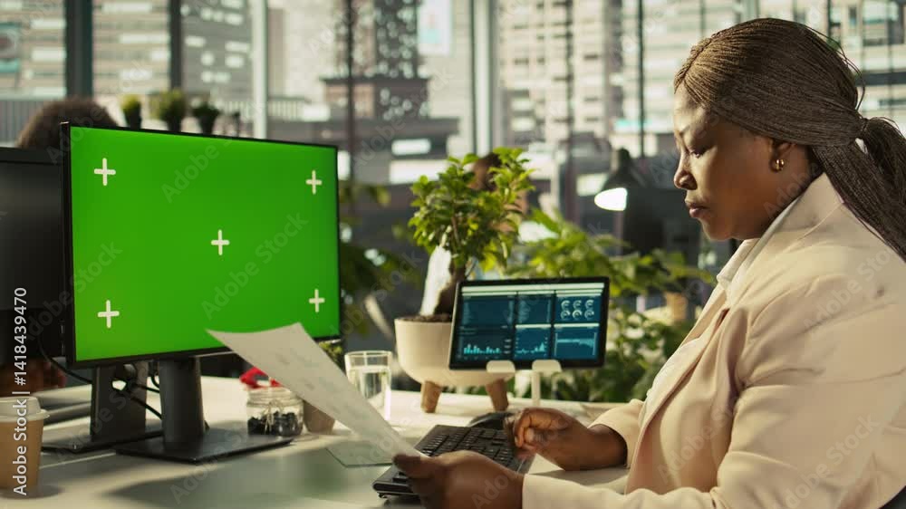 Poster employee at work using isolated screen pc display to finish project tasks. african american office c