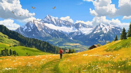 Alpine Meadow Trek Hikers Path to Majestic Peaks  Summer Skies