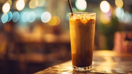 Thailand traditional cold drink of Thai iced coffee milk in tall clear glass photographed in cafe setting with cozy indoor lighting and bokeh background energizing Thai beverage scene