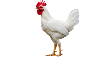 Majestic white rooster strutting confidently isolated against a bright background