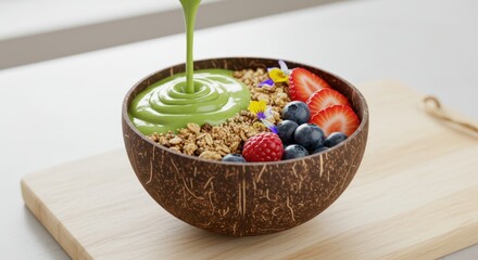 Smoothie bowl with granola berries and green liquid in a coconut shell.