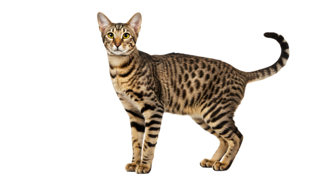 Elegant Toyger cat portrait showcasing its striking markings against clean background
