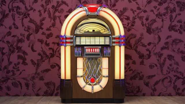 Retro style jukebox on a wooden floor against a floral patterned wallpaper, vintage vibe with glowing details, vibrant colors and textures