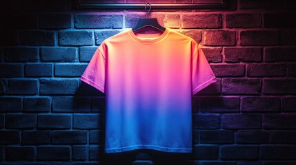 A vibrant ombre t-shirt hangs against a brick wall lit by colorful spotlights.