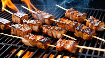 Juicy grilled meat skewers sizzling over open flames on a barbecue, showcasing mouthwatering char and a smoky aroma