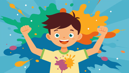 A boy proudly displaying his abstract painting filled with wild splatters and bold brushstrokes.. Vector illustration