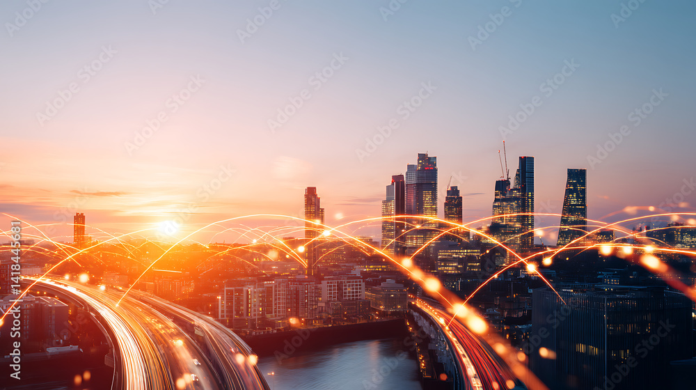 Poster dynamic urban connectivity illuminated data pathways visualizing technological progress against suns
