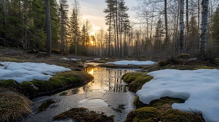 Serene spring dawn misty forest clearing with